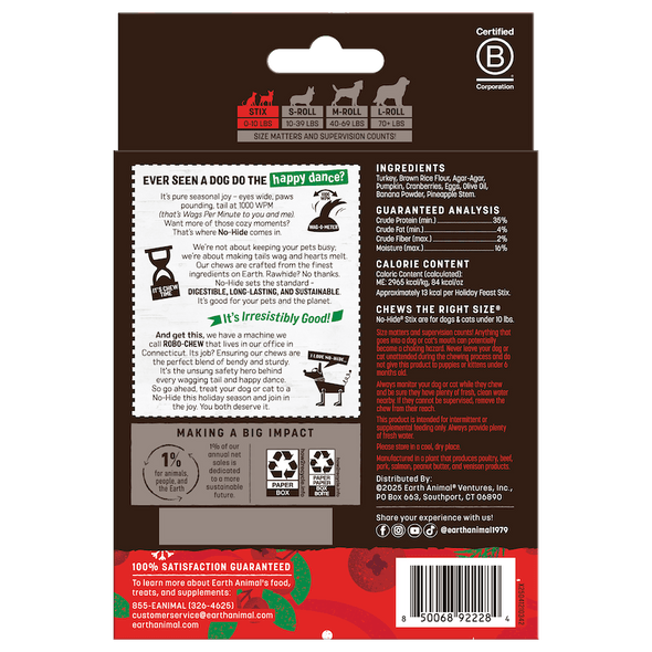 Earth Animal No Hide Stix Holiday Feast Recipe Dog Chews