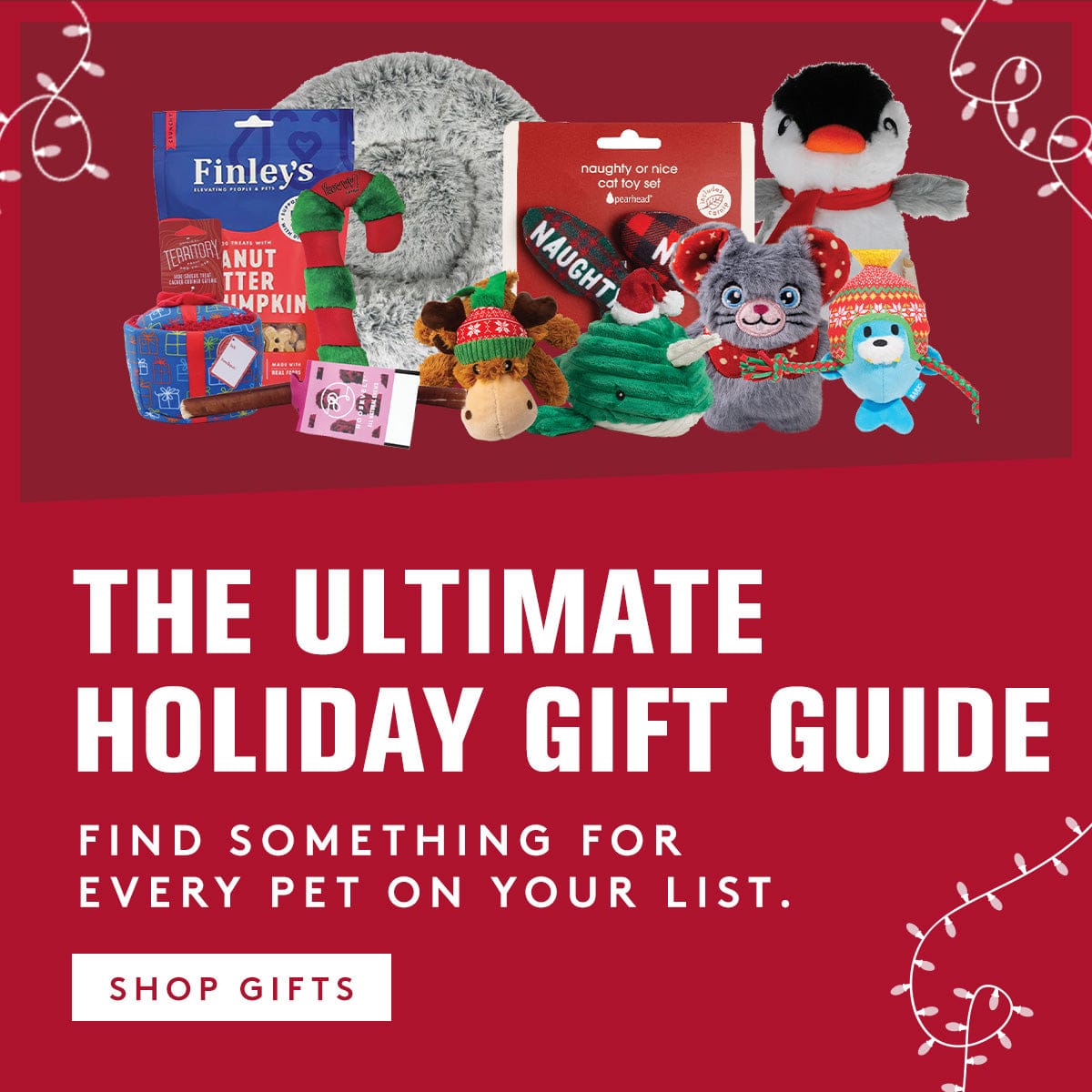 Promotional image for a holiday gift guide with pet toys and products on a red background. CTA to shop gifts.