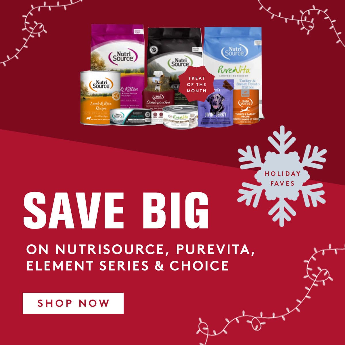 Promotional image of Nutrisource, Purevita, Element Series, and Choice pet food products on a red background with holiday-themed elements.